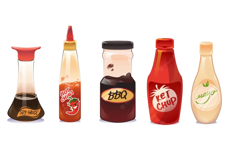 Soy sauce, ketchup and mayonnaise in bottles Free Vector