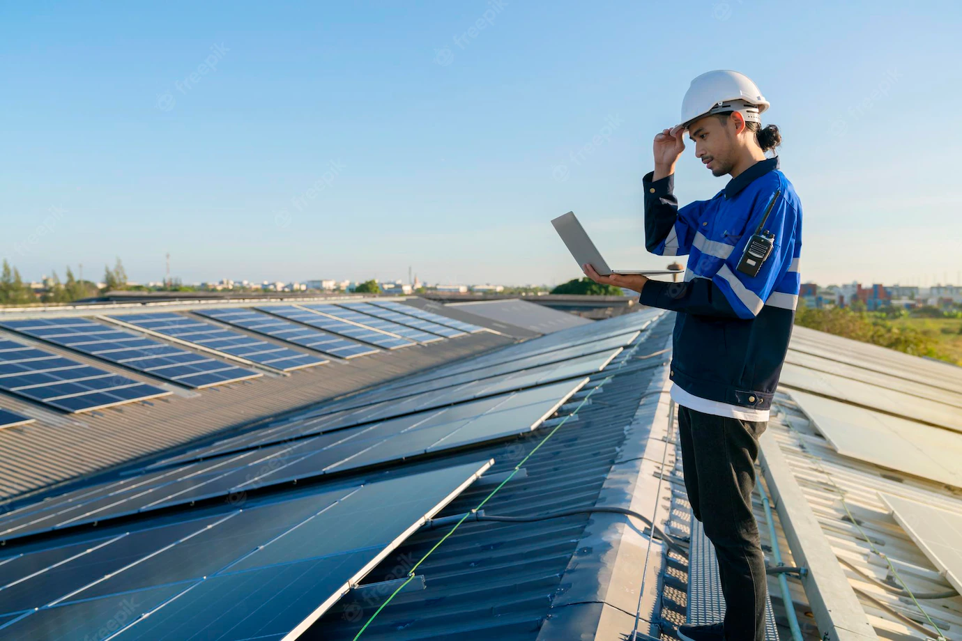 Specialist Technician Professional Engineer With Laptop Tablet Maintenance Checking Installing Solar Roof Panel Factory Rooftop Sunlight Engineers Holding Tablet Check Solar Roof 609648 2159