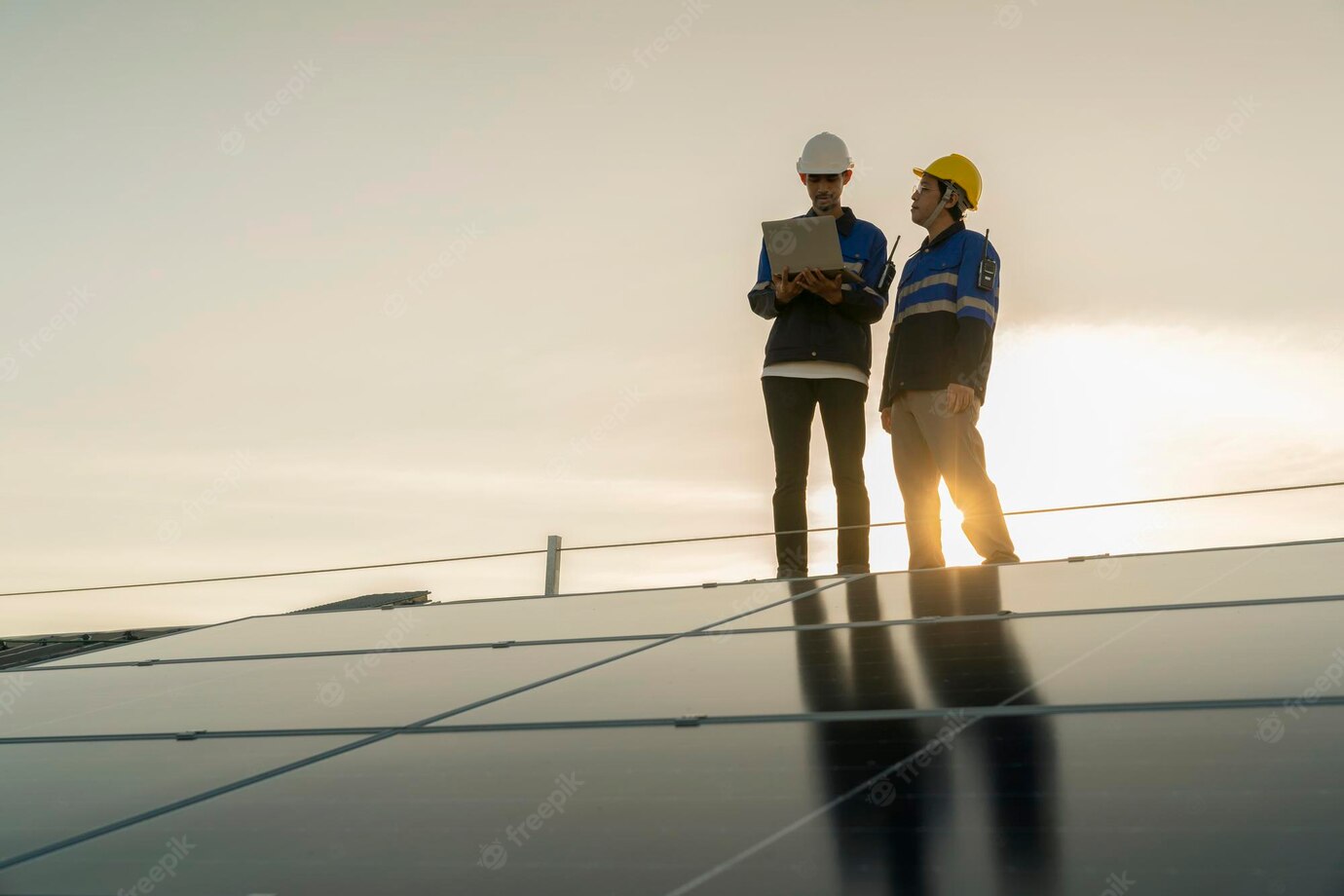 Specialist Technician Professional Engineer With Laptop Tablet Maintenance Checking Installing Solar Roof Panel Factory Rooftop Sunlight Engineers Team Survey Check Solar Panel Roof 609648 2195