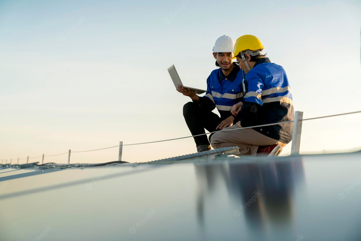 Specialist Technician Professional Engineer With Laptop Tablet Maintenance Checking Installing Solar Roof Panel Factory Rooftop Sunlight Engineers Team Survey Check Solar Panel Roof 609648 2202