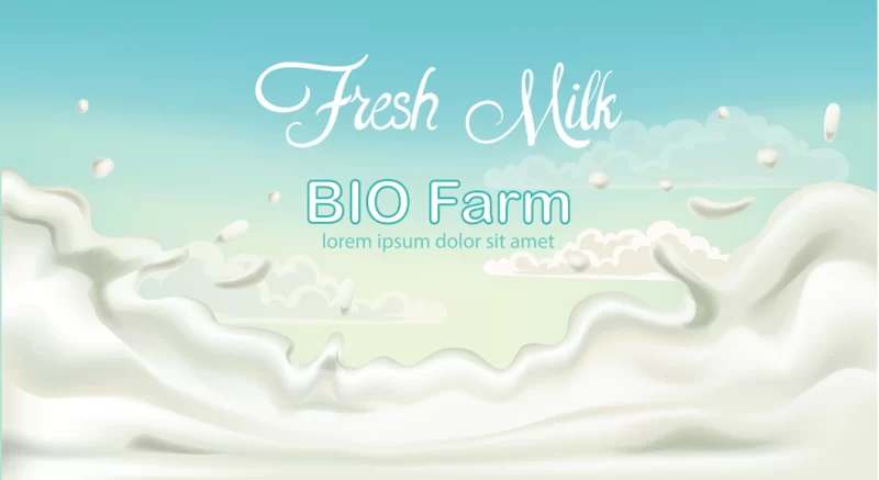 Splashing fresh milk from bio fam with blue sky in background. place for text. Free Vector