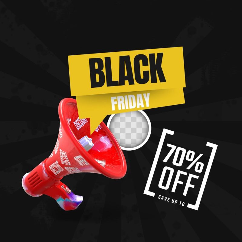 Square banner for black Friday megaphone. 3d rendering Free Psd