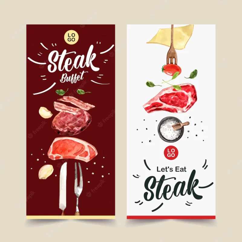 Steak flyer design with fresh meat, tomato watercolor illustration. Free Vector