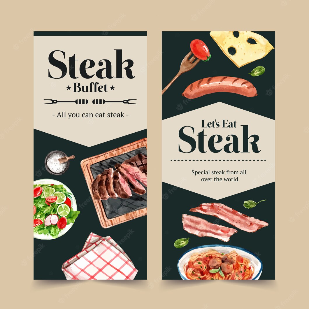 Steak Flyer Design With Salad Spaghetti Steak Watercolor Illustration 83728 2582