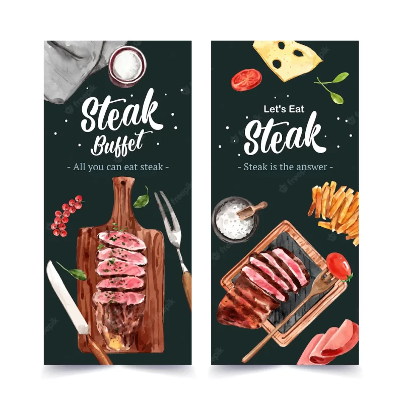 Steak flyer design with steak, cheese, tomato watercolor illustration. Free Vector