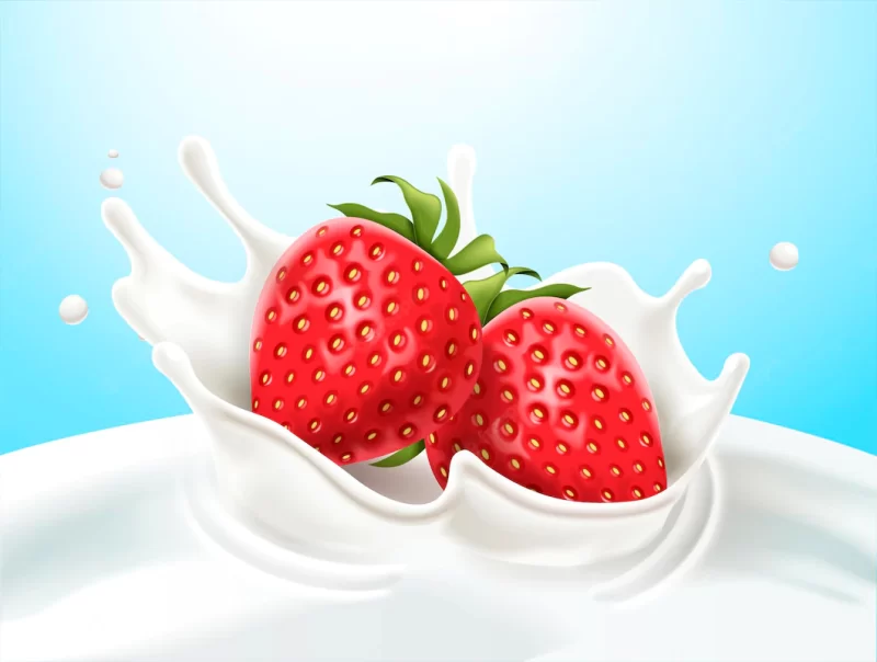 Strawberries drops into milk in 3d illustration on blue background Premium Vector