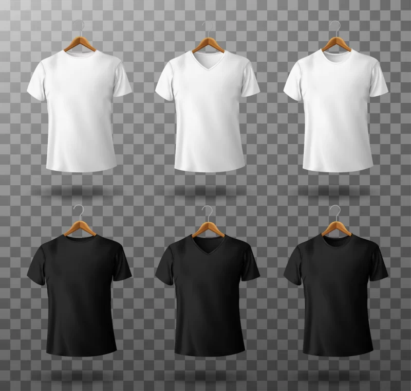 T-shirt mockup black and white male t shirt with short sleeves on wooden hangers template front v