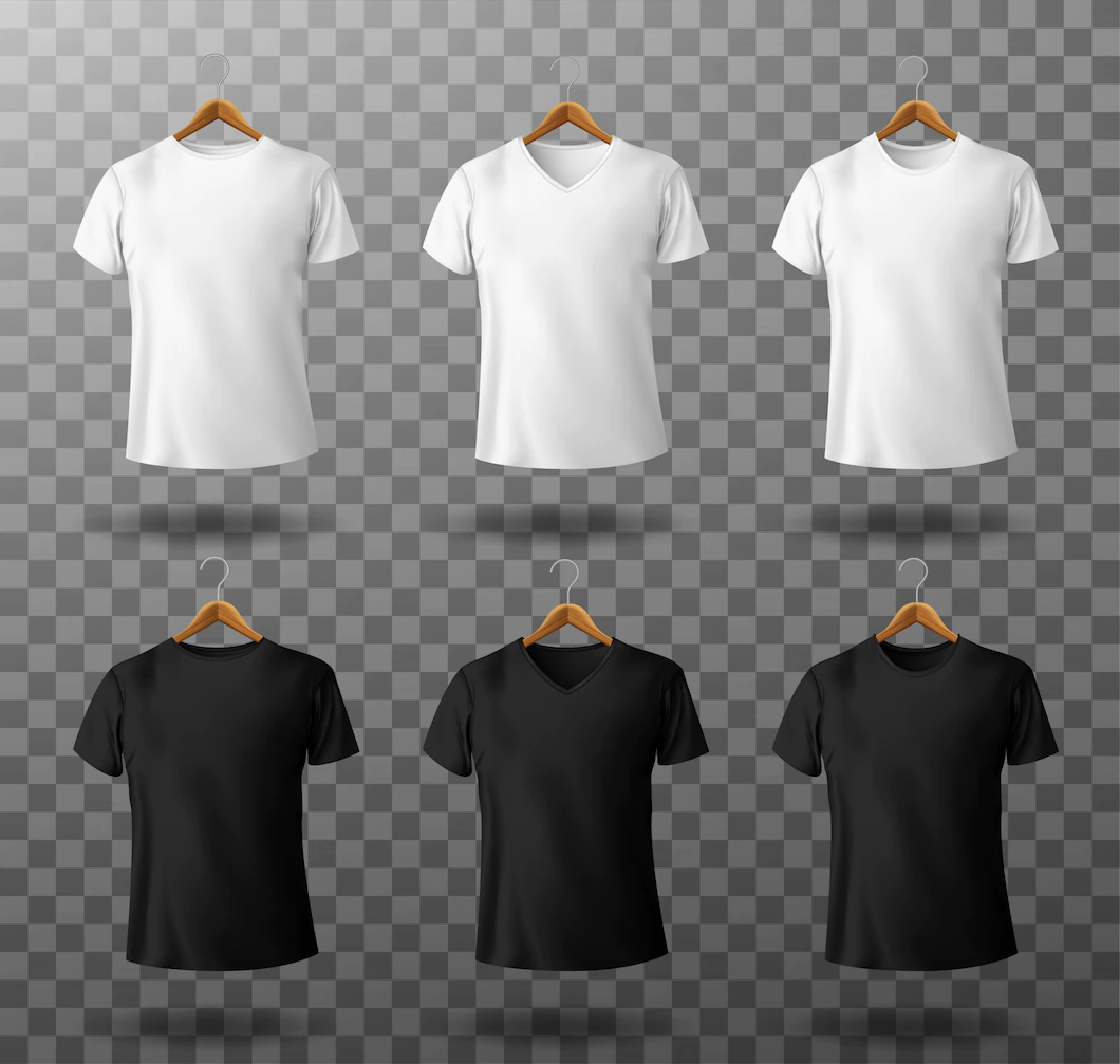 T Shirt Mockup Black White Male T Shirt With Short Sleeves Wooden Hangers Template Front View 107791 3021