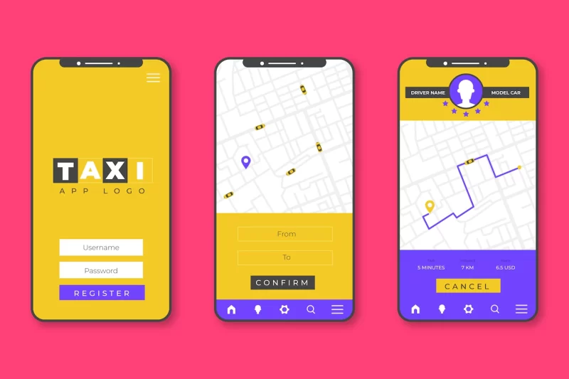 Taxi app interface Free Vector