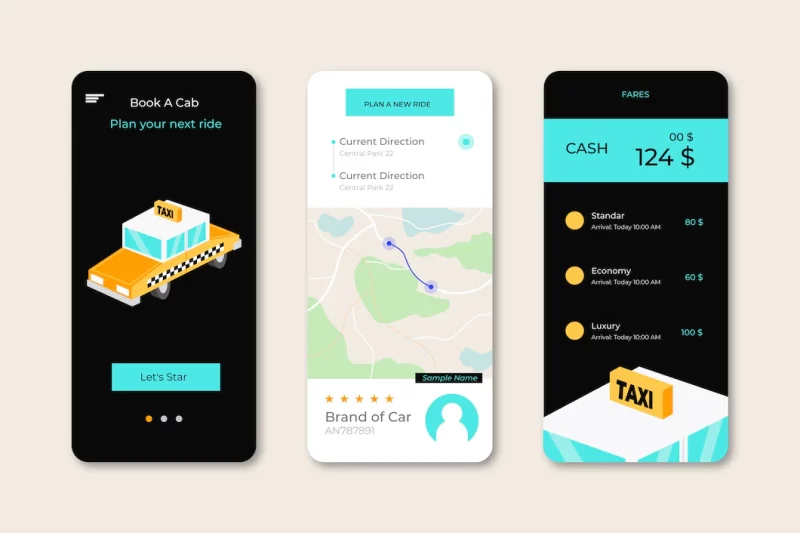 Taxi app interfaces pack Free Vector