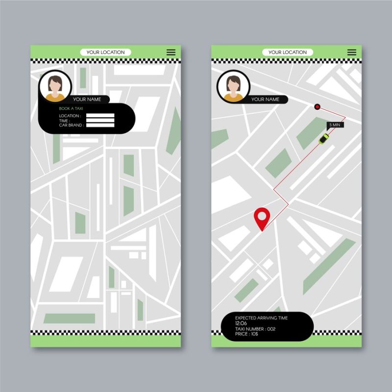 Taxi app user interface with map Free Vector