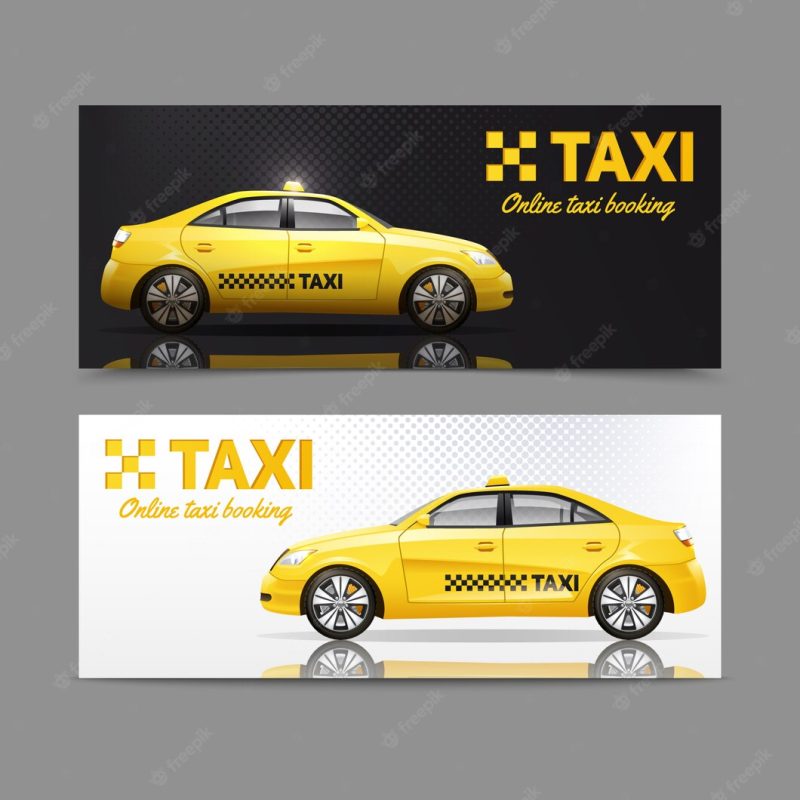 Taxi service banner set with yellow cars with reflection Free Vector