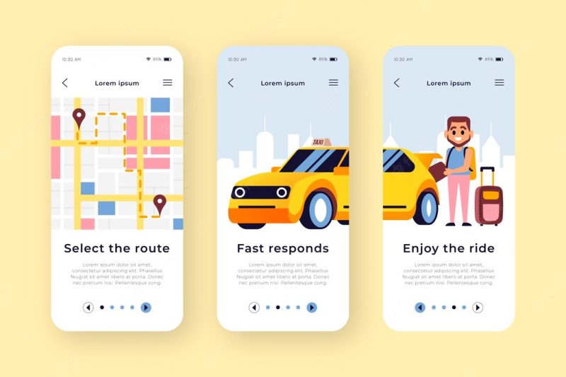 Taxi service onboarding app screens Free Vector