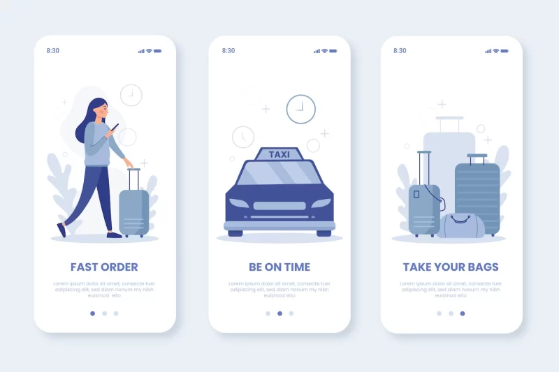 Taxi service onboarding app screens Free Vector