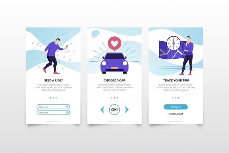 Taxi service onboarding app screens Free Vector