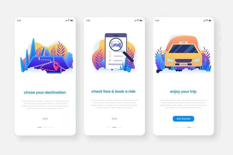 Taxi service onboarding app screens Free Vector