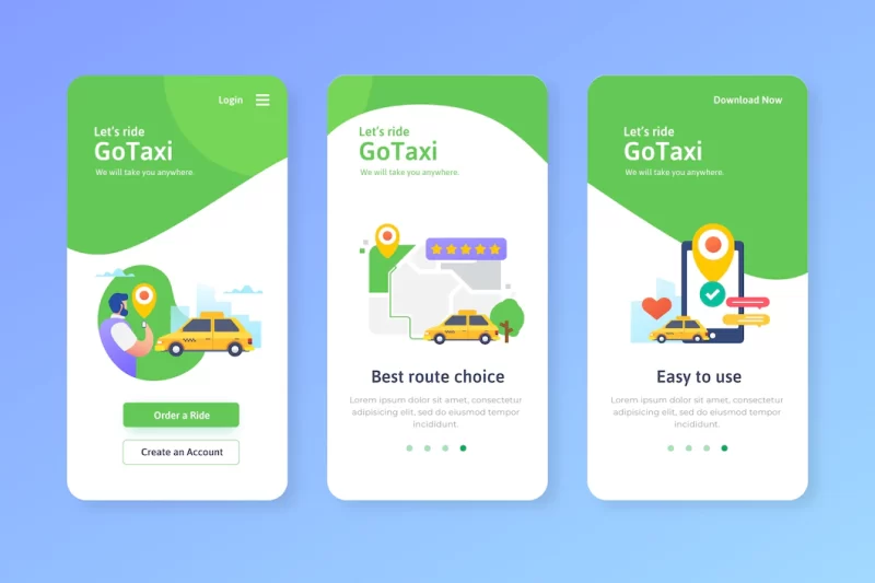 Taxi service onboarding app screens Free Vector