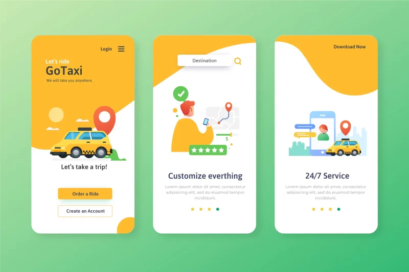 Taxi service onboarding app screens Free Vector