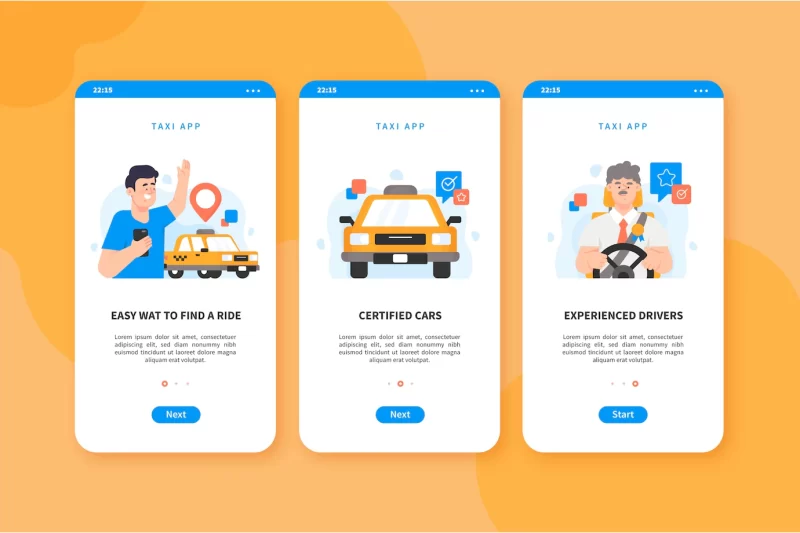 Taxi service onboarding app screens Free Vector