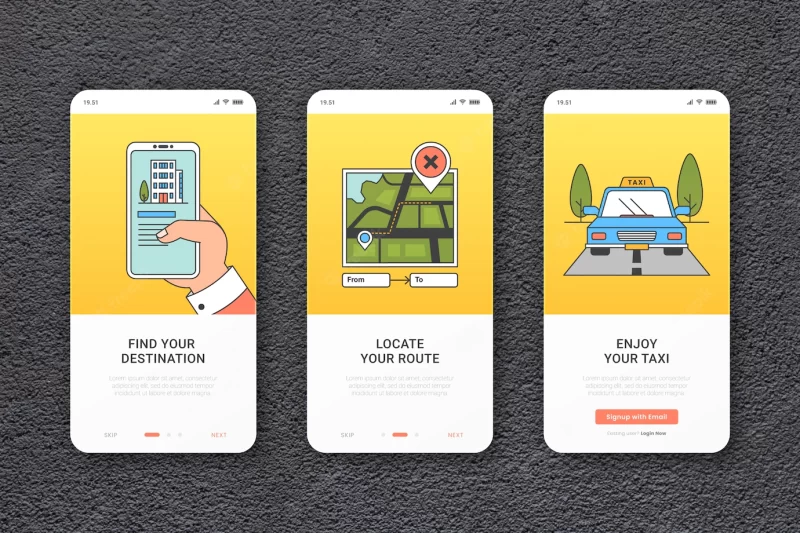 Taxi service onboarding app template Free Vector