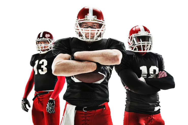 Three Caucasian Fitness Men As American Football Players Posing With Ball White Background 155003 16639