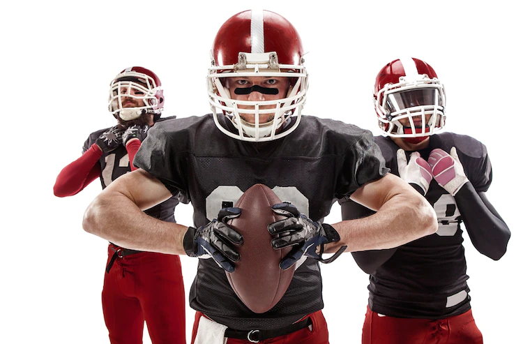 Three Caucasian Fitness Men As American Football Players Posing With Ball White 155003 16878