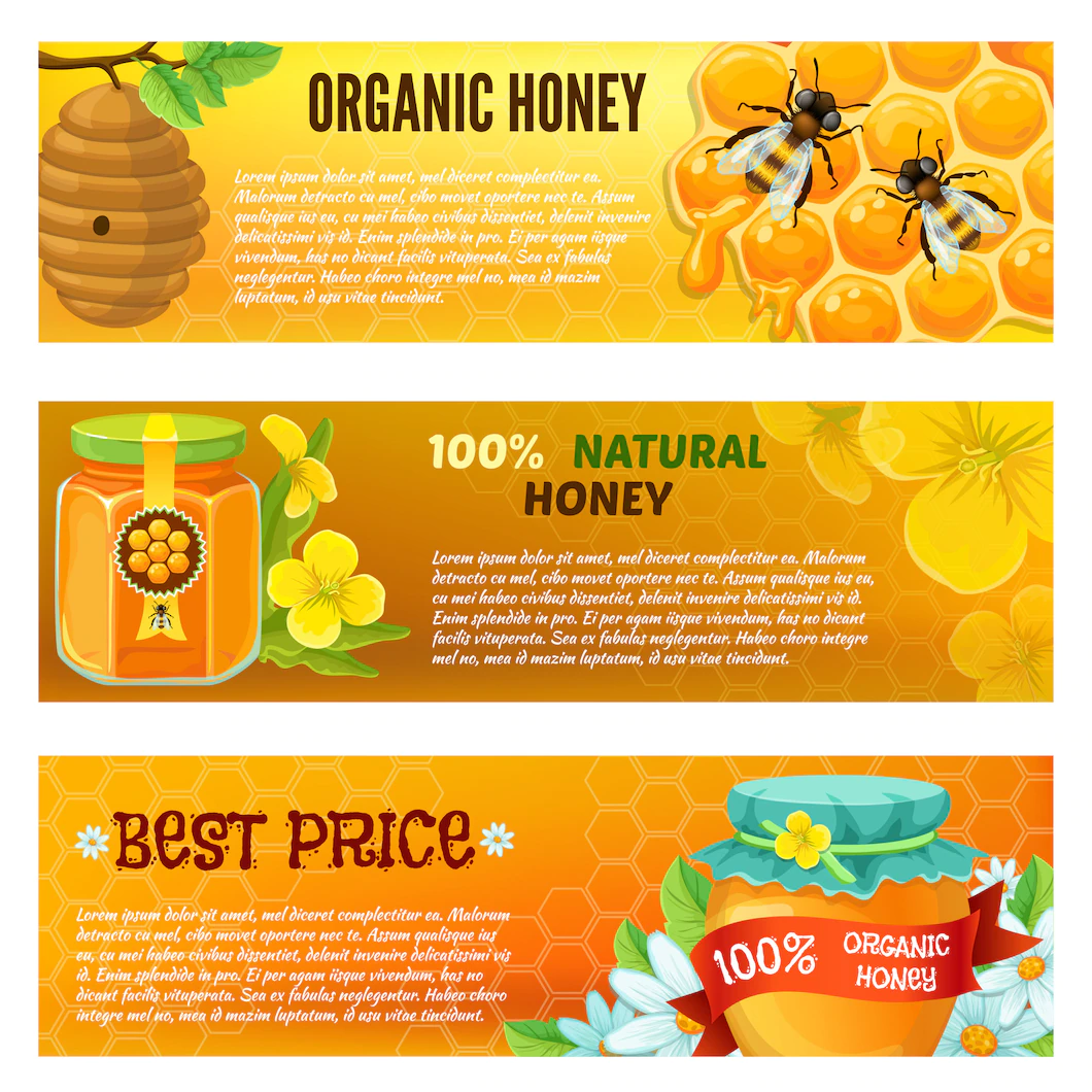 Three Horizontal Honey Banner Set With Descriptions Organic Honey Natural Honey Vector Illustration 1284 33559