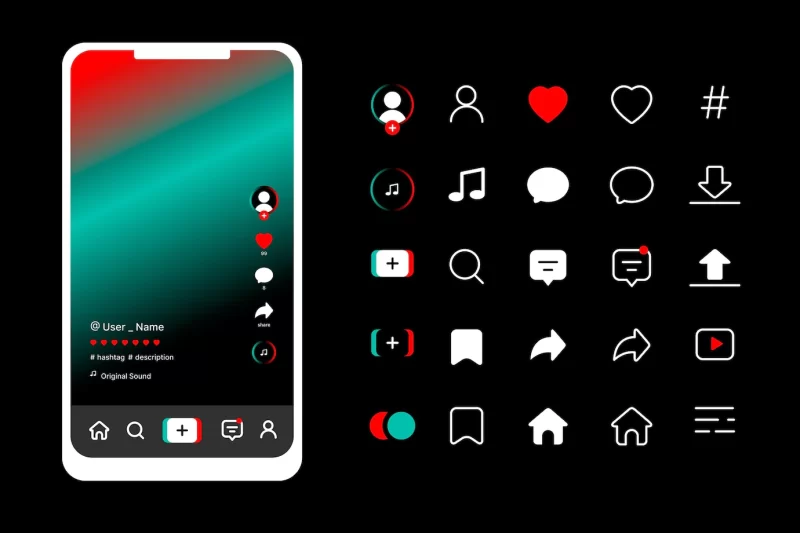Tiktok app interface with icons collection Free Vector