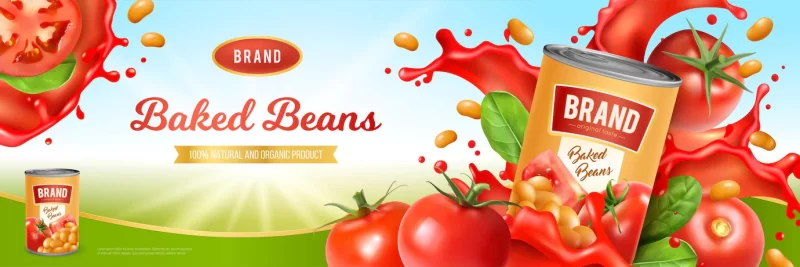 Tin of tasty baked beans on with tomato sauce and green leaves realistic Free Vector