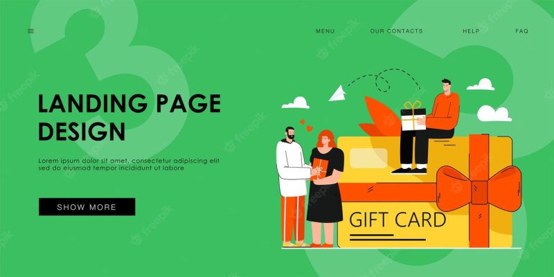 Tiny people near giant gift card voucher from store flat vector illustration. cartoon happy custome