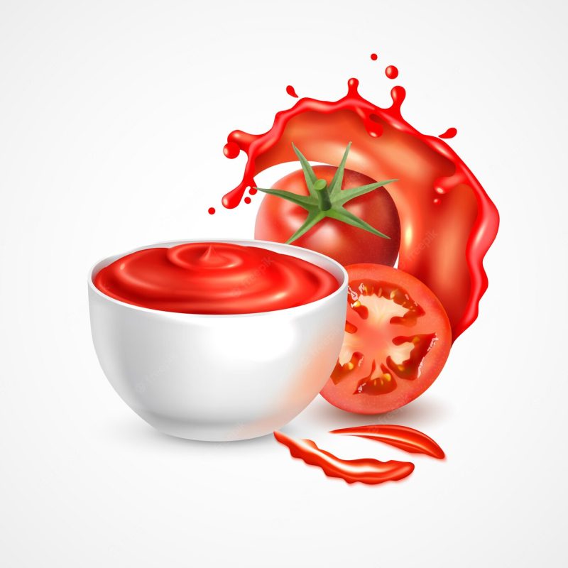 Tomato sauce bowl realistic composition with fresh whole vegetable and slice in splash of juice Free Vector