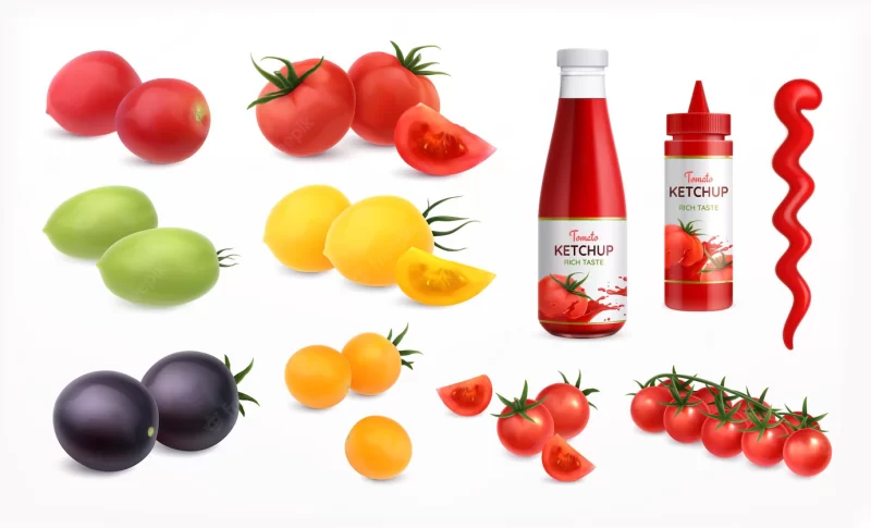 Tomatoes realistic set with ketchup elements Free Vector