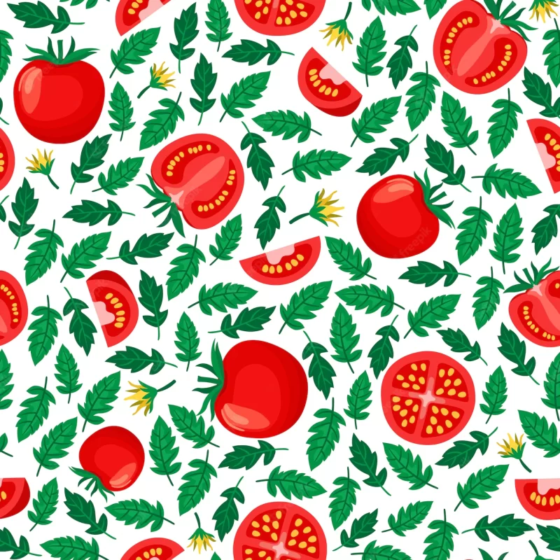 Tomatoes seamless pattern, white background with sliced and whole tomatoes and leaves Free Vector