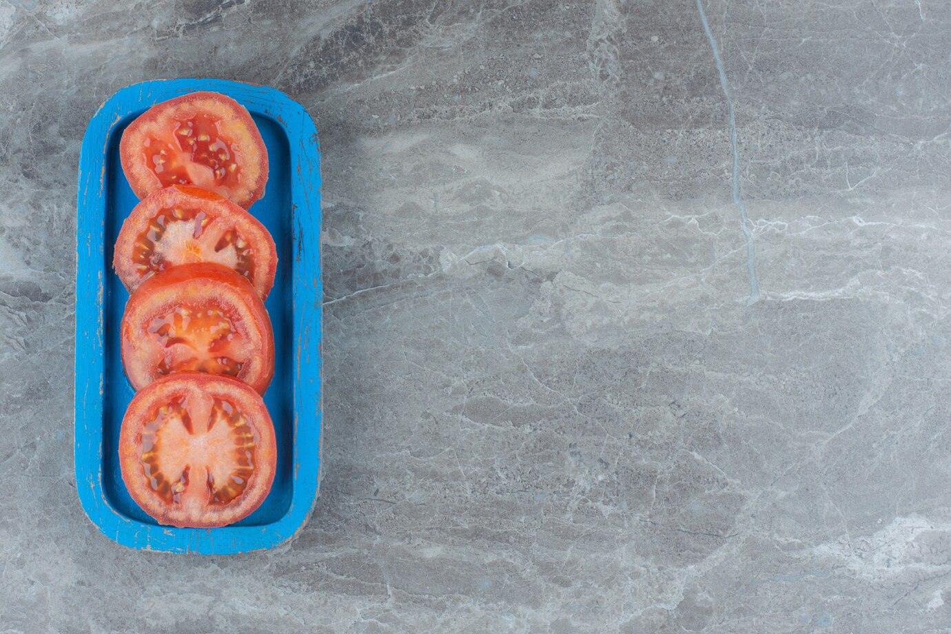 Top View Fresh Organic Tomato Slices Blue Wooden Board 114579 86498