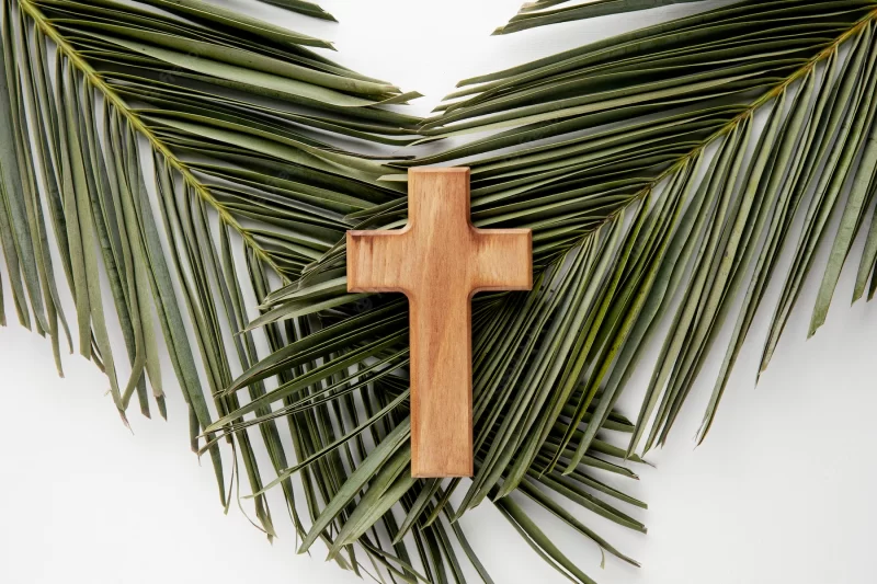 Top view wooden cross on leaves Free Photo