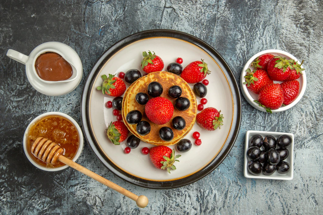 Top View Yummy Pancakes With Fresh Fruits Honey Light 140725 120794