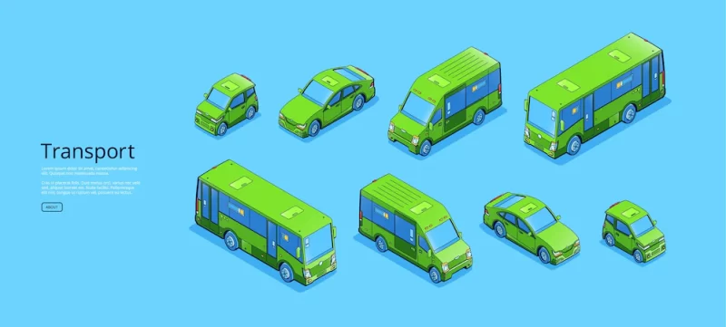 Transport banner with isometric sweeper truck mini van and car vector flat illustration of passenger automobile minibus cargo vehicle and city cleaning machine Free Vector