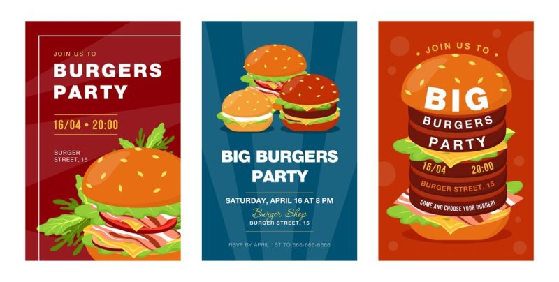 Trendy big burgers party invitation designs. creative fast food festival invitations with tasty