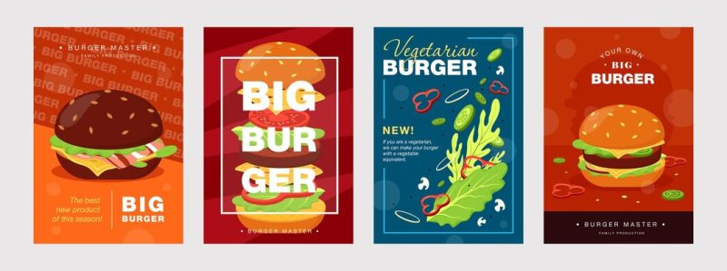 Trendy poster designs with burger and ingredients. vivid brochures for fast food cafe or restaurant. Free Vector