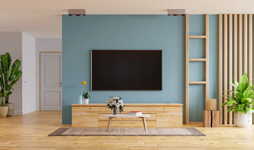 Tv Led Cabinet Modern Living Room Blue Wall Background 3d Rendering 41470 4134