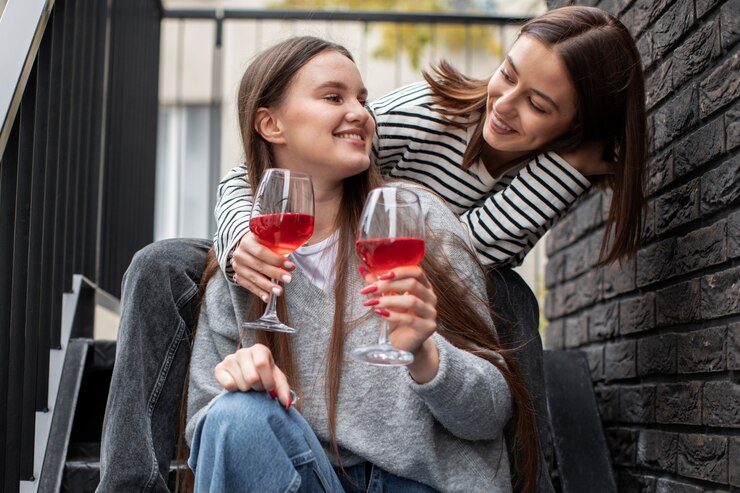 Two Female Friends Smiling While Holding Glasses Wine 23 2149187022