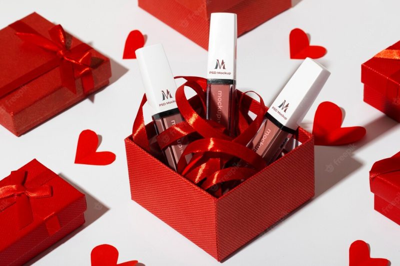 Valentines day still life with lipstick mockup Free Psd