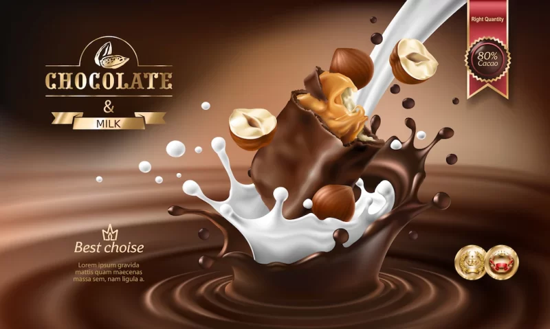 Vector 3d splashes of melted chocolate and milk with falling piece of chocolate bar. Free Vector