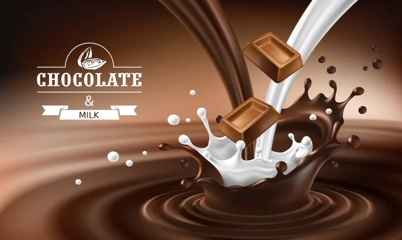 Vector 3d splashes of melted chocolate and milk with falling pieces of chocolate bars. Free Vector