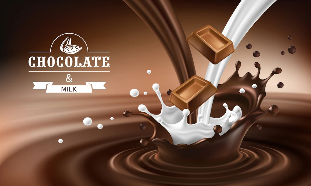 Vector 3d Splashes Melted Chocolate Milk With Falling Pieces Chocolate Bars 1441 492