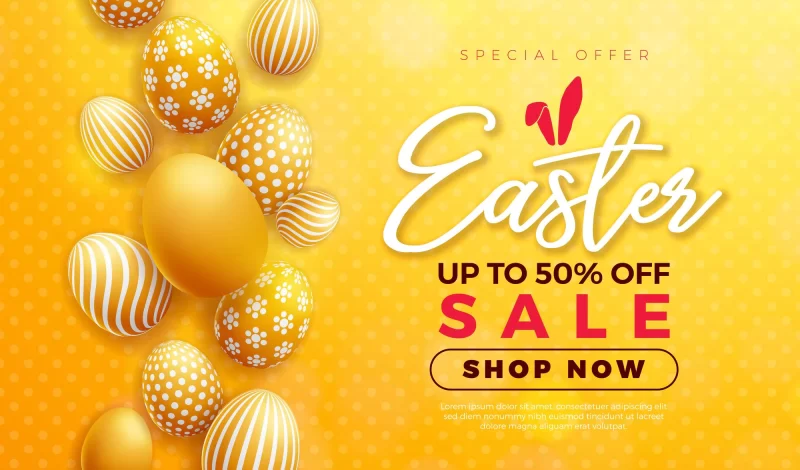 Vector Easter sale illustration with color painted egg and typography letter on yellow background Free Vector