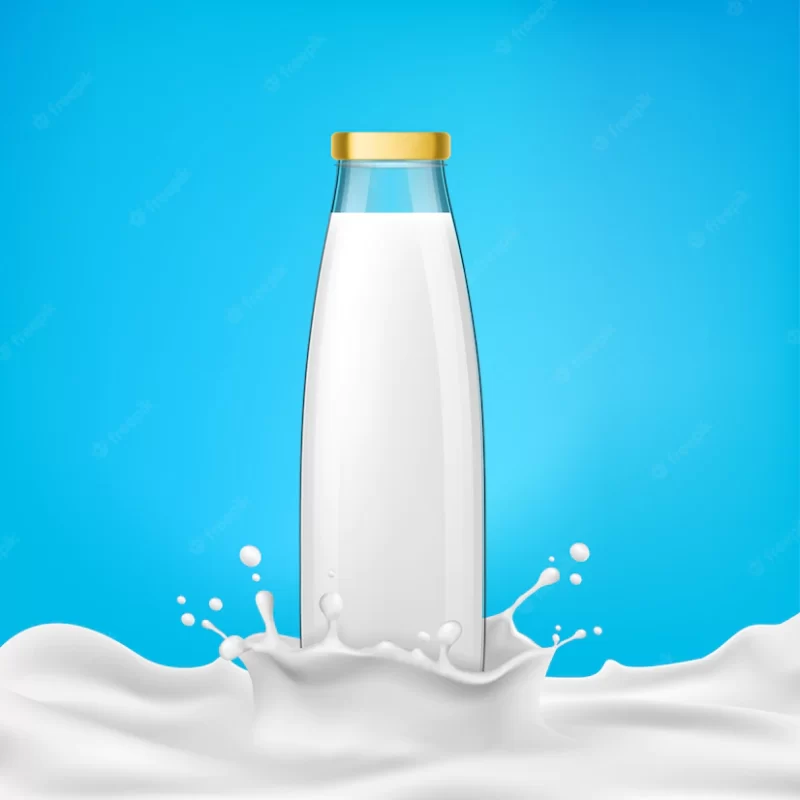 Vector illustration glass bottles with milk or dairy product stands in a milk splash Free Vector