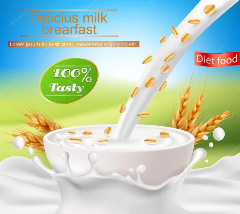 Vector realistic poster with a milk splash and milk pouring into a cup with a cereal breakfast Free