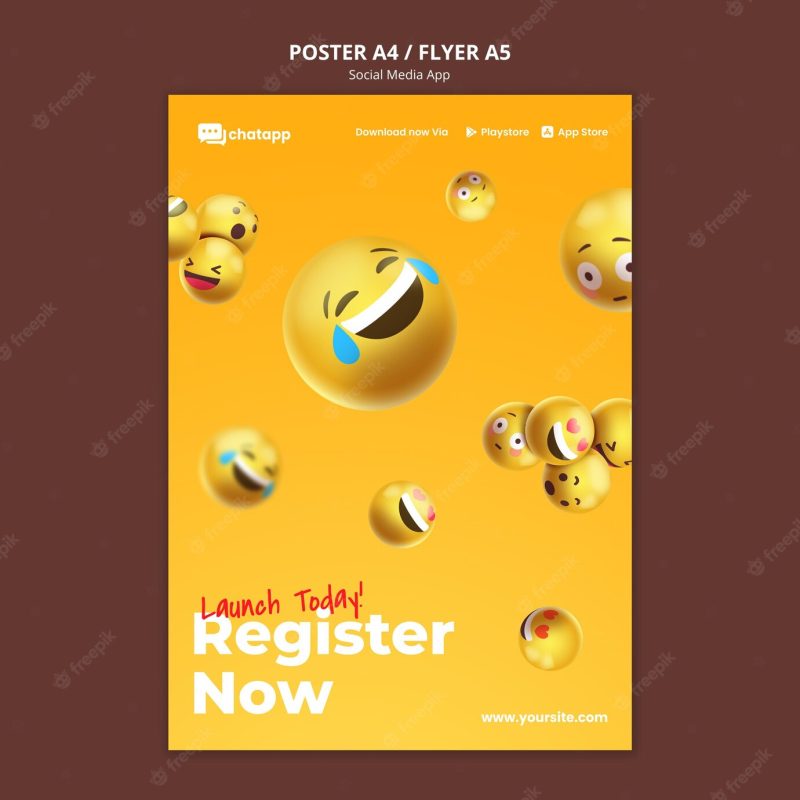 Vertical poster for social media chatting app with emojis Free Psd