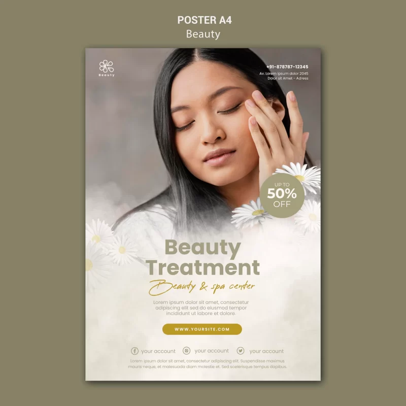 Vertical poster template for beauty and spa with woman and chamomile flowers Free Psd